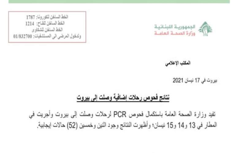 وزارة الصحة:  52 إصابة جديدة بكورونا على متن رحلات وصلت إلى بيروت