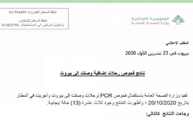 وزارة الصحة: 13 إصابة جديدة بكورونا على متن رحلات وصلت إلى بيروت