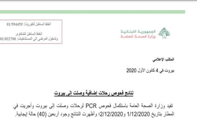 وزارة الصحة: 40 إصابة جديدة بكورونا ضمن صفوف الوافدين إلى لبنان 