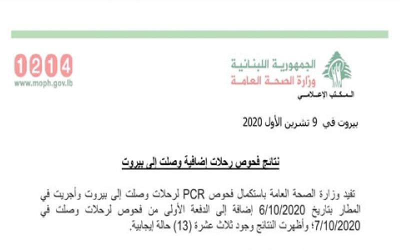  وزارة الصحة: 13حالة إيجابية على متن رحلات وصلت إلى بيروت في6و7 الحالي
