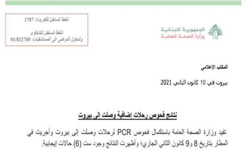 6 إصابات جديدة بصفوف الوافدين إلى بيروت في 8 و 9 الحالي 